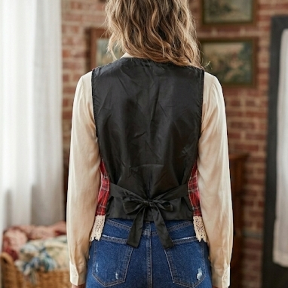 Red Plaid Lace-Hem Vest with Embroidered Motif - Picture 2 of 2